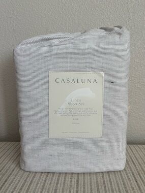 NWT King 100% Linen Sheet Set Dark Gray MicroStripe - Casaluna
